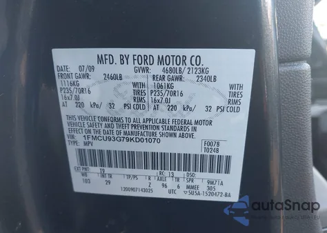 2009 Ford Escape Xlt z USA, uszkodzony, nr VIN 1FMCU93G79KD01070